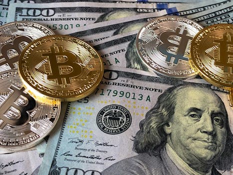 pexels-photo-730547-730547 A close-up photo depicting Bitcoin coins on top of US dollar bills, symbolizing finance and cryptocurrency.